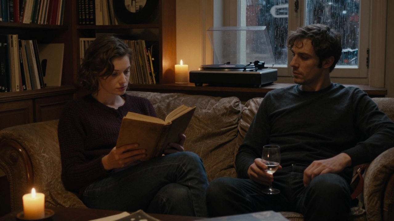 A woman reading aloud on a cozy sofa in Montmartre, candlelight glowing, books and vinyl records surrounding them.